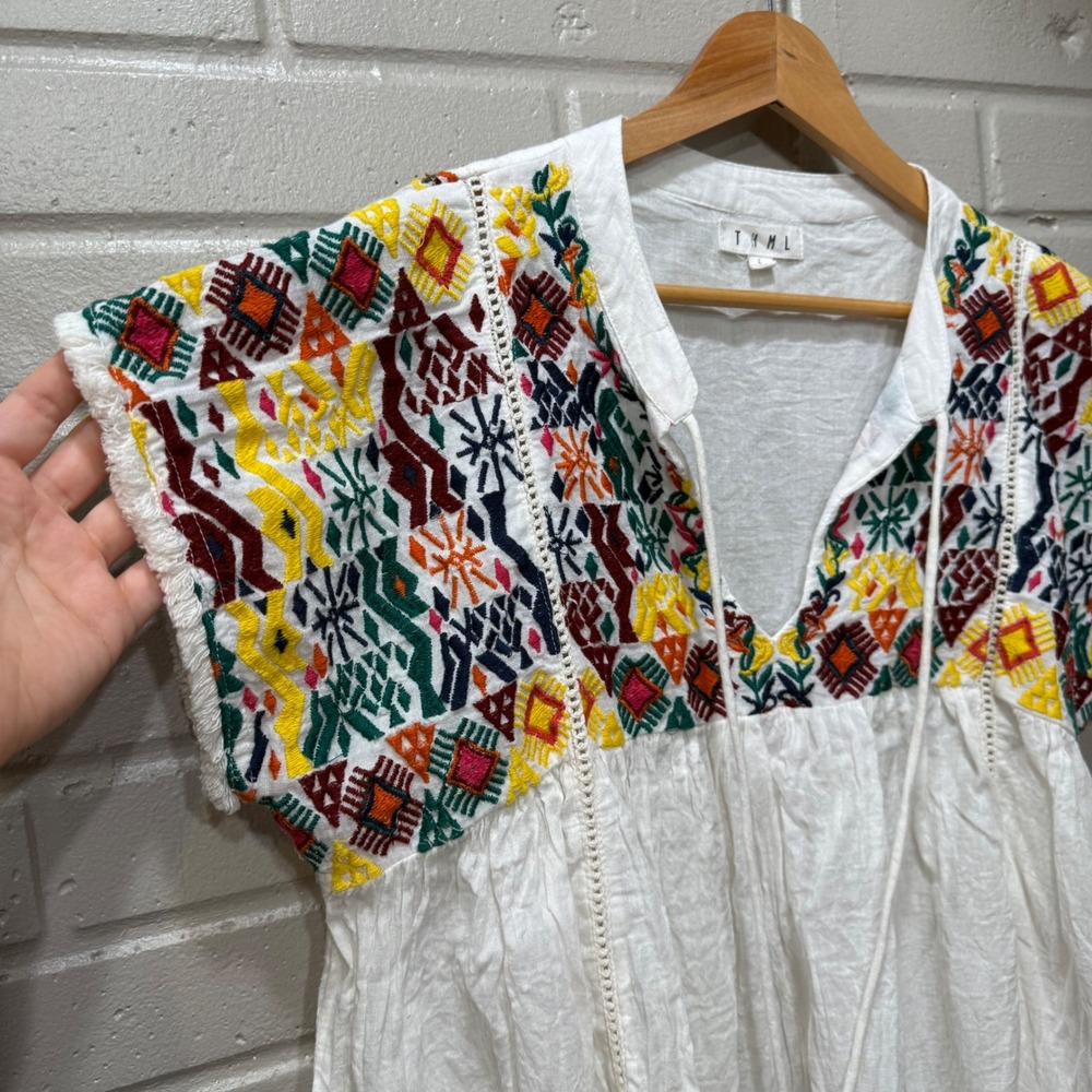 THML Oaxacan Embroidered Cotton Gauze Babydoll Blouse Large Peasant Tribal Boho - Picture 6 of 13